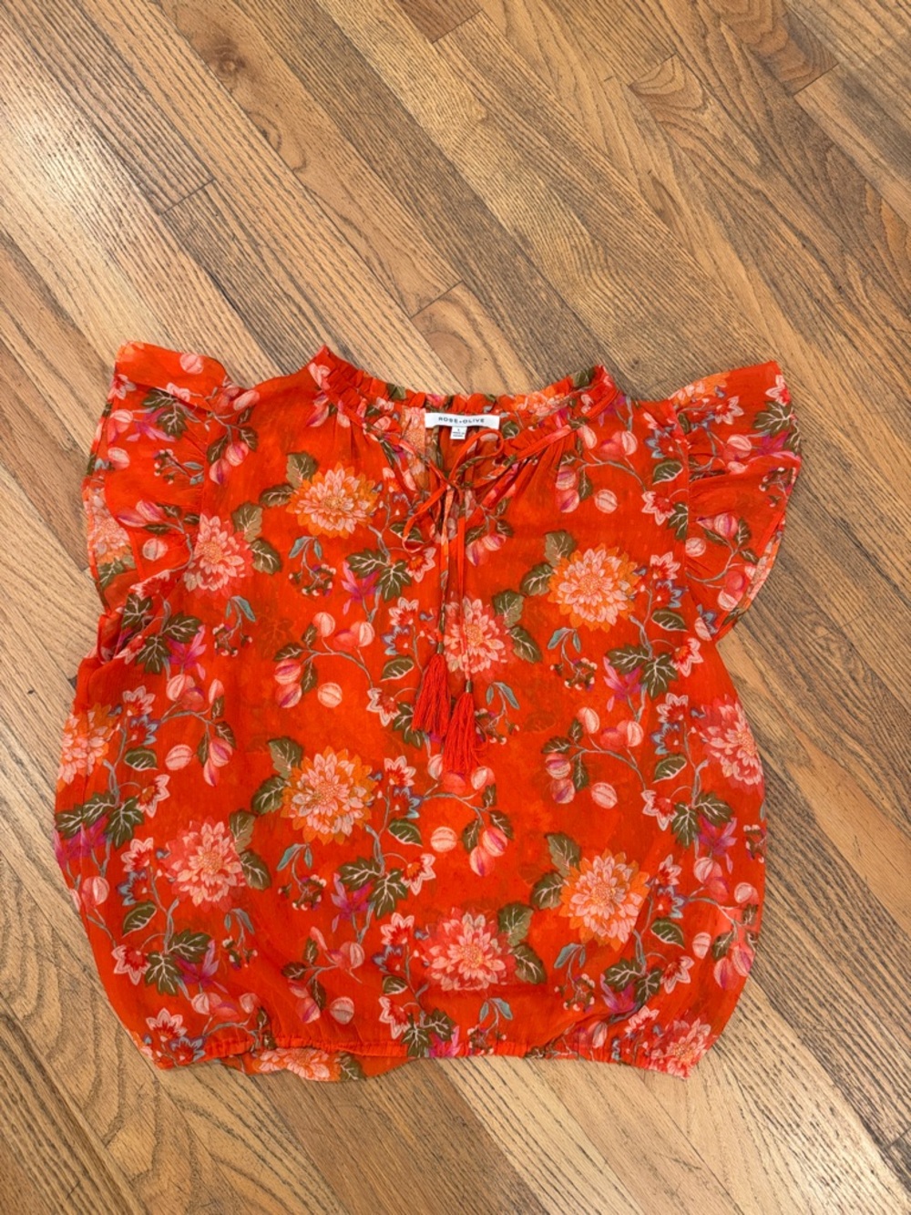 Rose & Olive Orange Floral Tie-Neck Ruffle Blouse